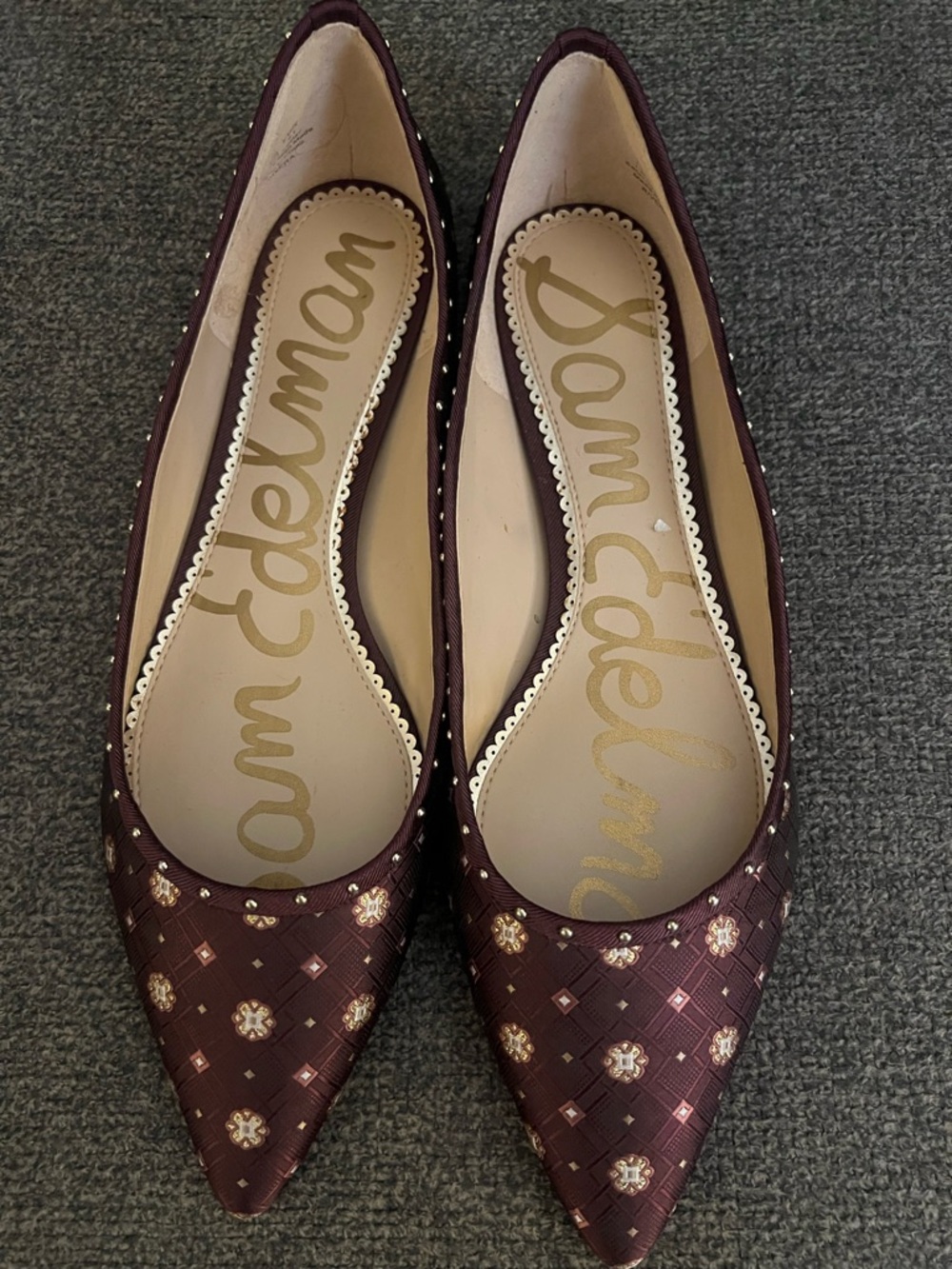 Sam Edelman Women's Burgundy Pointed-Toe Flats with Gold Motif